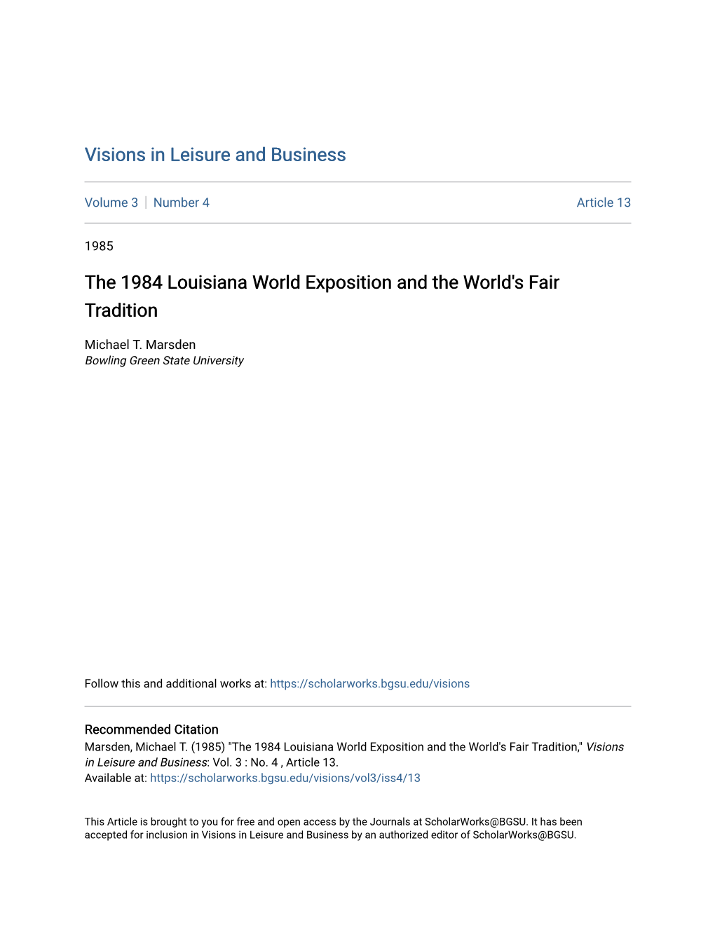 The 1984 Louisiana World Exposition and the World's Fair Tradition
