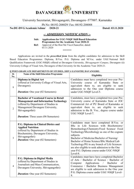 Applications for UGC-NSQF Skill Based Education Programmes for the Academic Year 2020-21 Ref: Approval of the Hon’Ble Vice-Chancellor, Dated: 03.11.2020 *******