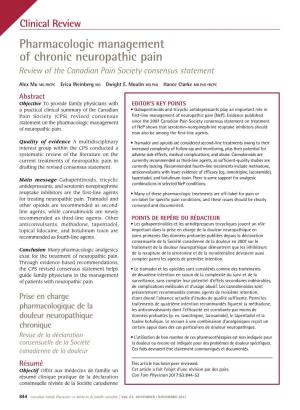 Pharmacologic Management of Chronic Neuropathic Pain Review of the Canadian Pain Society Consensus Statement