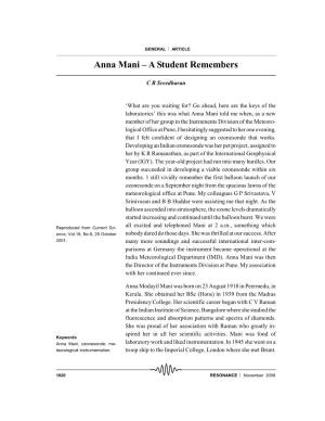 Anna Mani – a Student Remembers