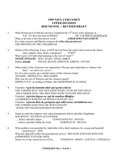 1999 Njcl Certamen Upper Division Round One -- Revised Draft