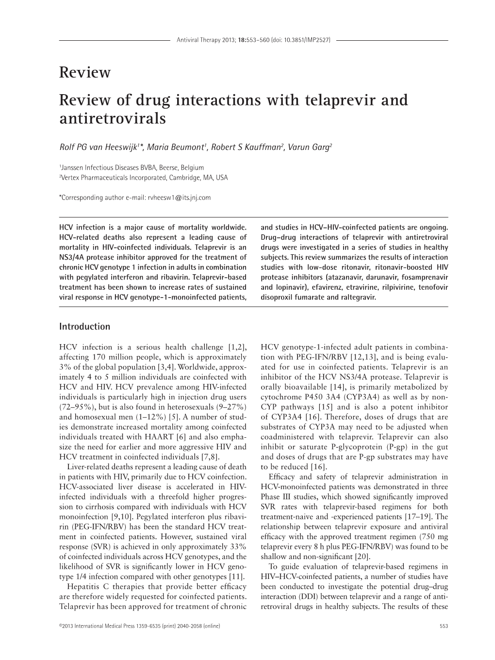 Review Review of Drug Interactions with Telaprevir and Antiretrovirals