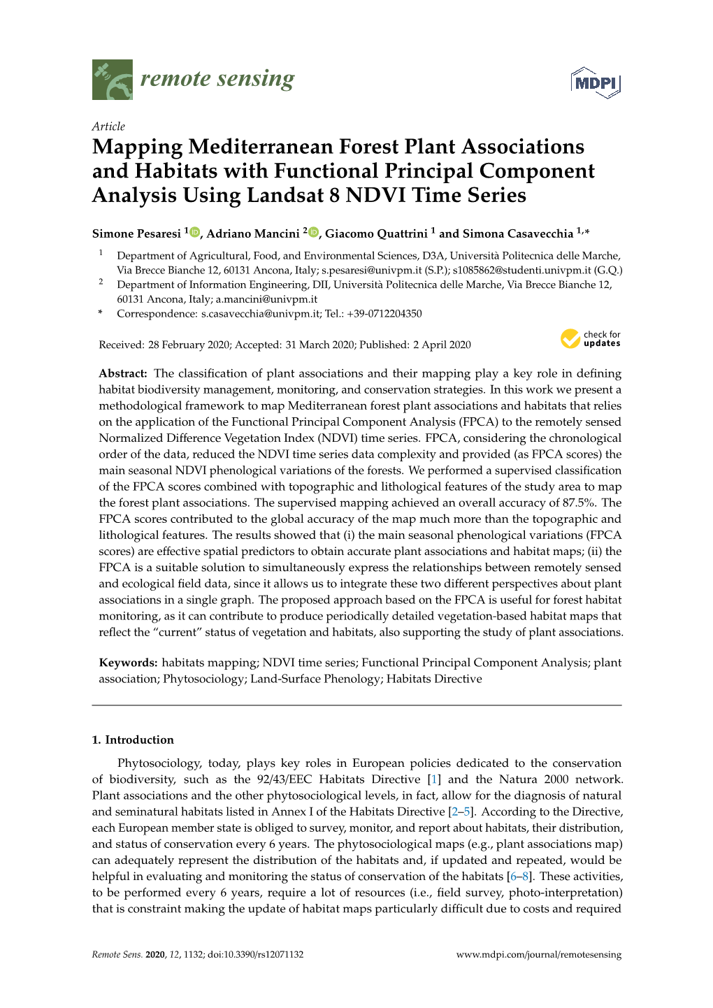 Mapping Mediterranean Forest Plant Associations and Habitats with Functional Principal Component Analysis Using Landsat 8 NDVI Time Series