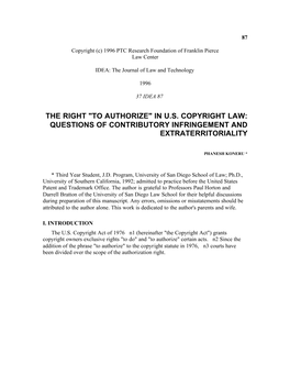 The Right "To Authorize" in Us Copyright Law: Questions of Contributory