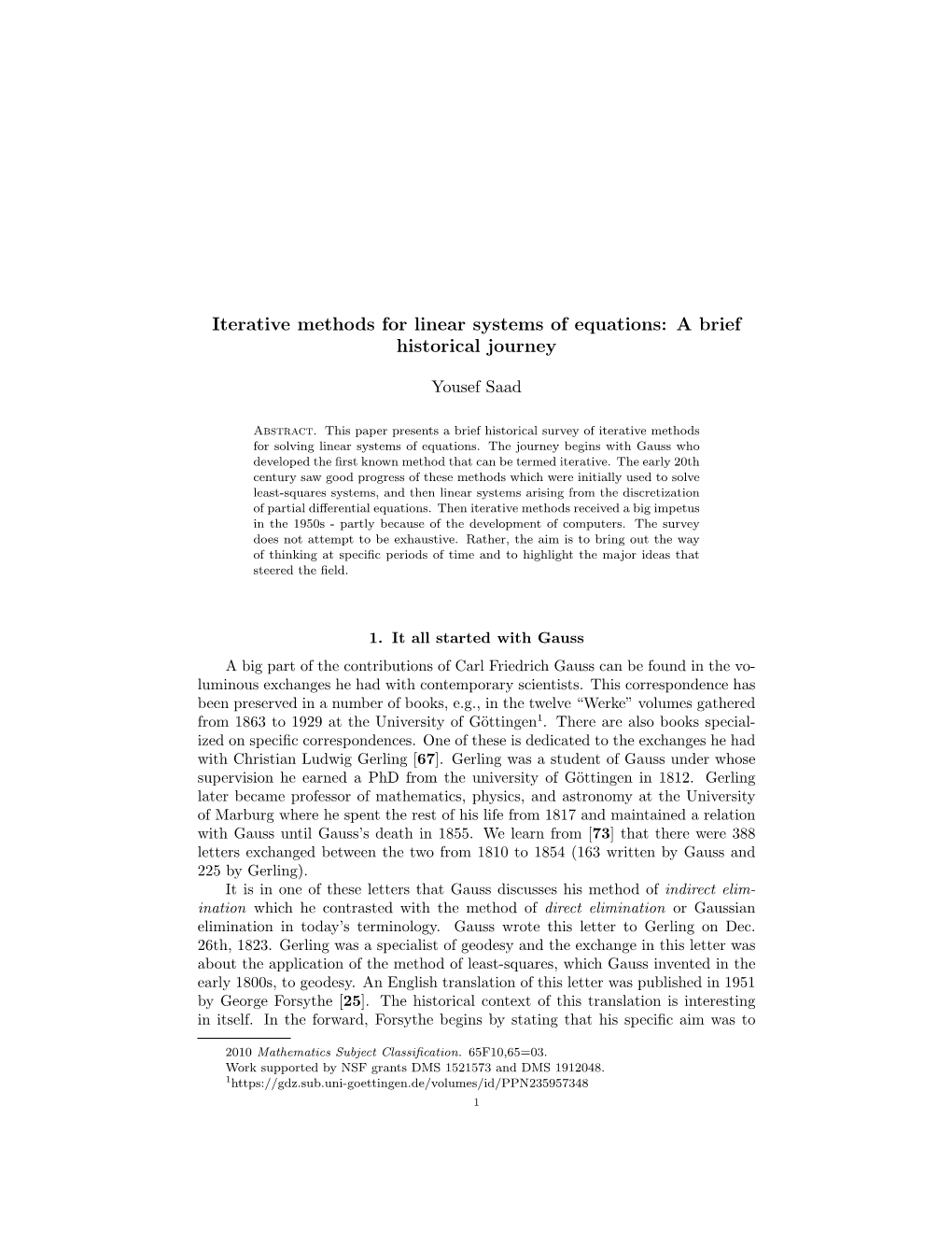 Iterative Methods for Linear Systems of Equations: a Brief Historical Journey