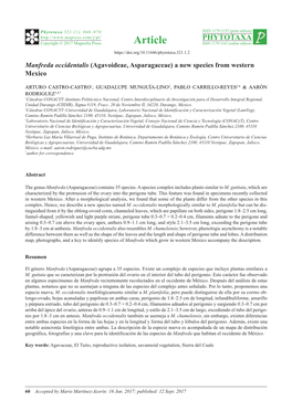 Manfreda Occidentalis (Agavoideae, Asparagaceae) a New Species from Western Mexico