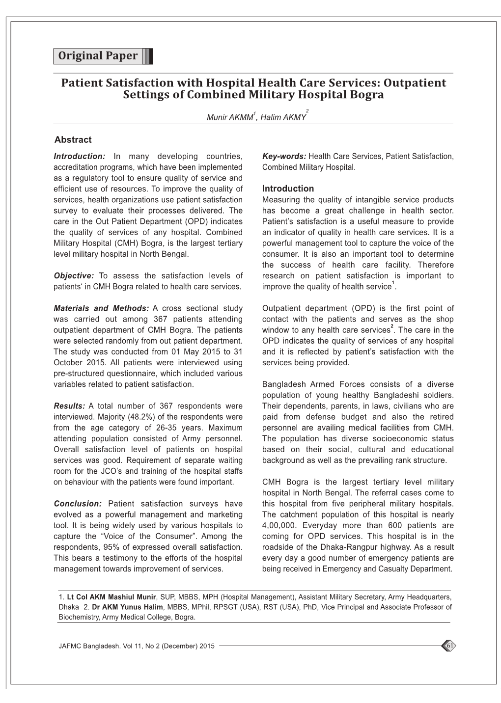 Original Paper Patient Satisfaction with Hospital Health Care Services