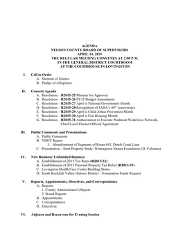 Agenda Nelson County Board of Supervisors April 14, 2015 the Regular Meeting Convenes at 2:00 P.M