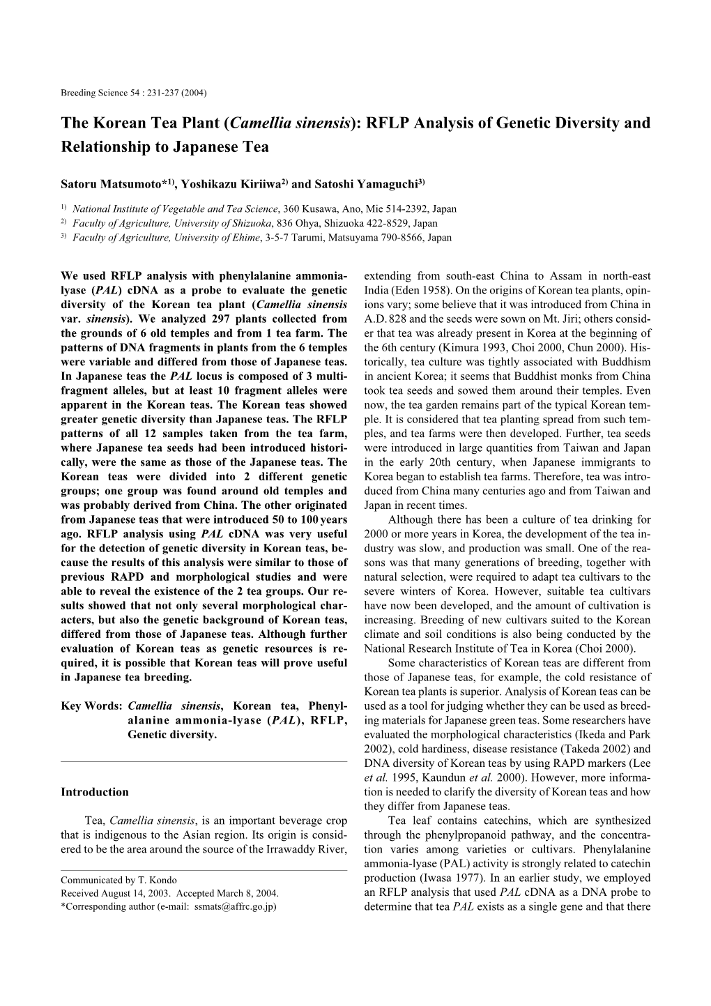 The Korean Tea Plant (Camellia Sinensis): RFLP Analysis of Genetic Diversity and Relationship to Japanese Tea