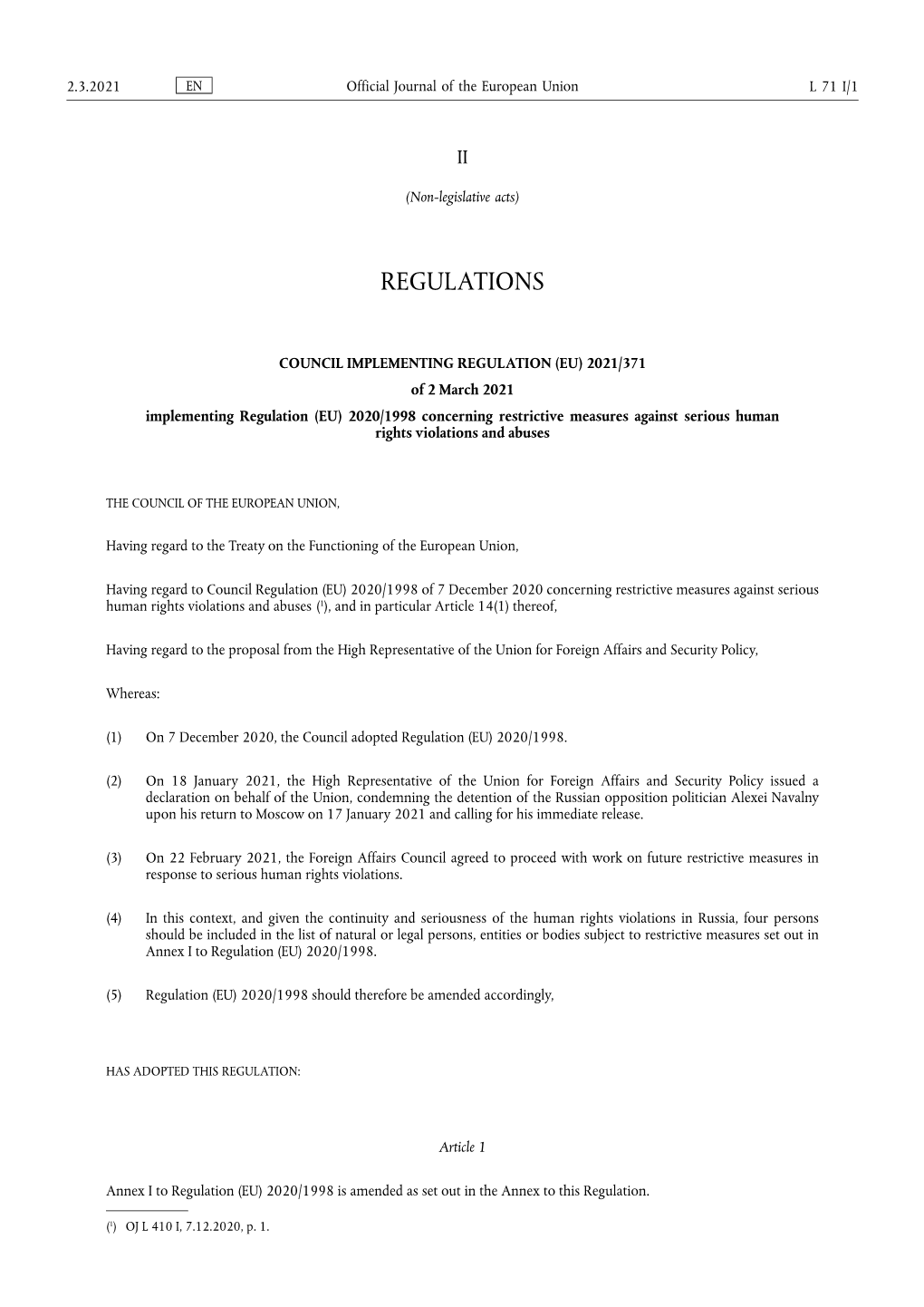 Council Implementing Regulation (EU) 2021/371