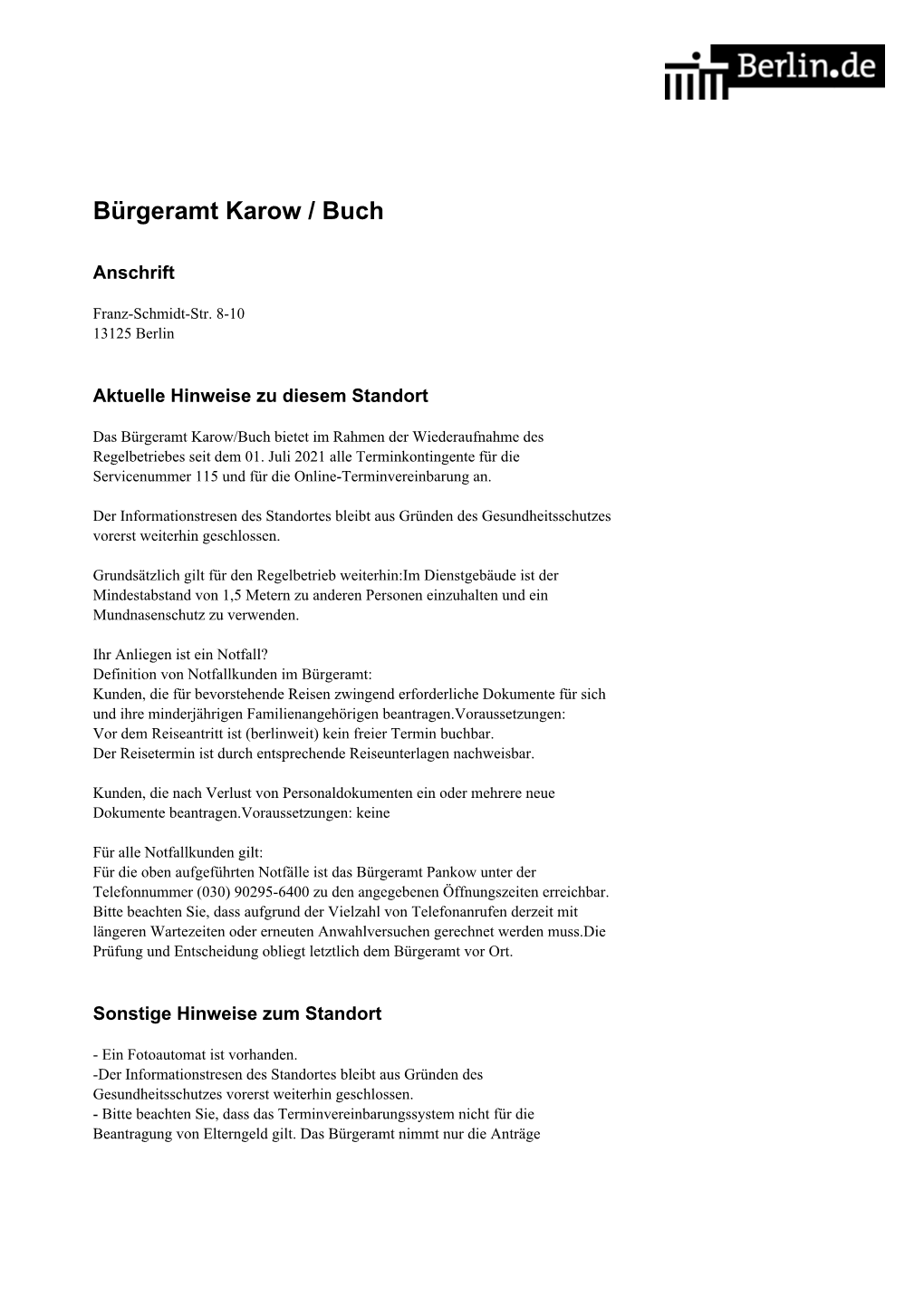 Bürgeramt Karow / Buch