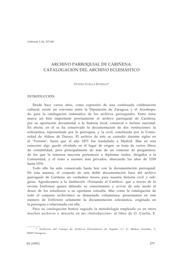 Archivo Parroquial De Cariñena. Catalogación Del Archivo Eclesiástico