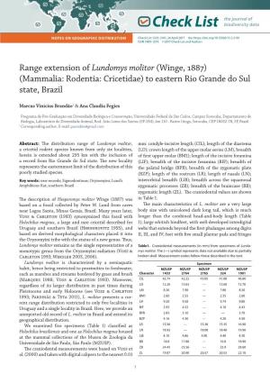 Range Extension of Lundomys Molitor (Winge, 1887)(Mammalia: Rodentia: Cricetidae) to Eastern Rio Grande Do Sul State, Brazil
