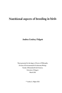 Nutritional Aspects of Breeding in Birds