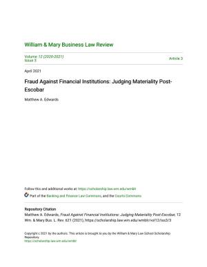 Fraud Against Financial Institutions: Judging Materiality Post- Escobar