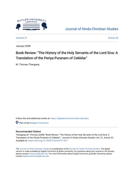 Book Review: "The History of the Holy Servants of the Lord Siva: a Translation of the Periya Puranam of Cekkilar"