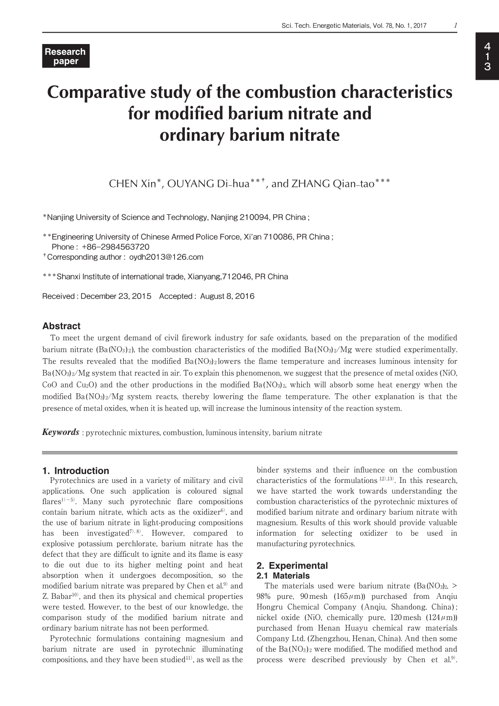 Comparative Study of the Combustion Characteristics for Modified Barium Nitrate and Ordinary Barium Nitrate