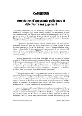CAMEROUN Arrestation D'opposants Politiques Et Détention Sans Jugement