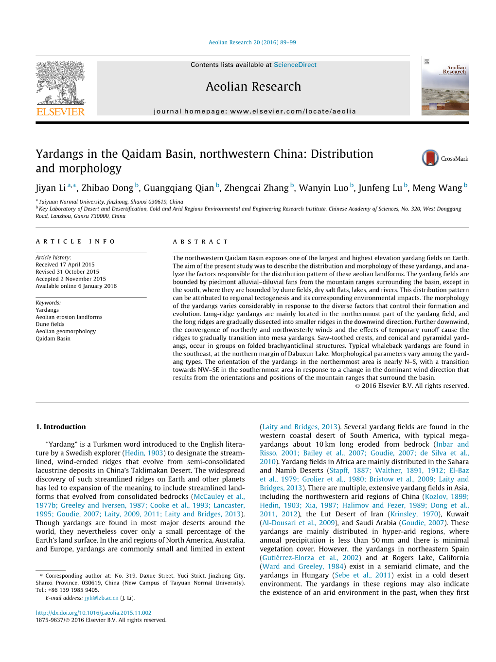 Yardangs in the Qaidam Basin, Northwestern China: Distribution