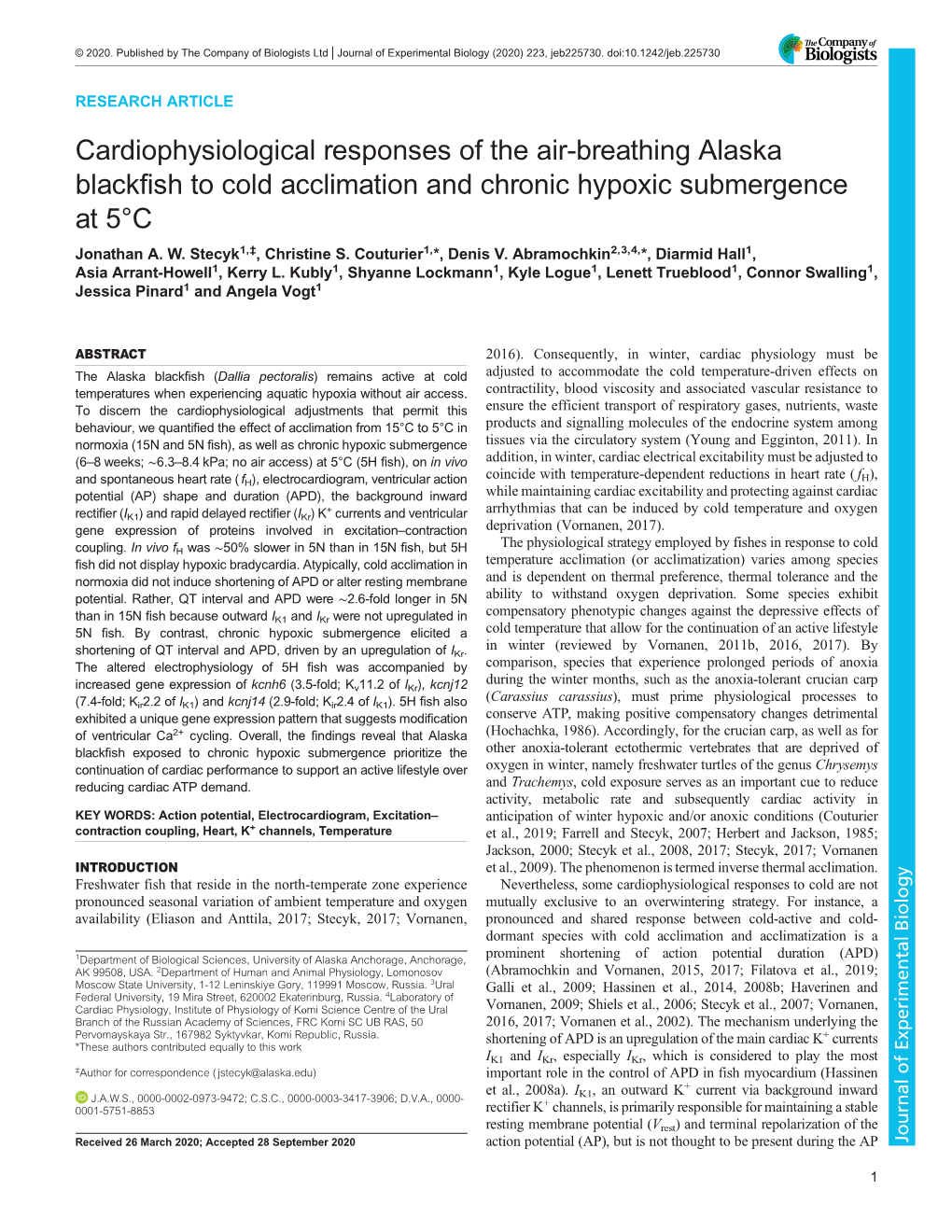 Cardiophysiological Responses of the Air-Breathing Alaska Blackfish to Cold Acclimation and Chronic Hypoxic Submergence at 5°C Jonathan A