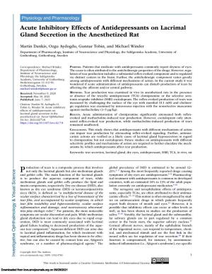 Acute Inhibitory Effects of Antidepressants on Lacrimal Gland Secretion in the Anesthetized Rat