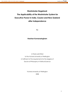Westminster Regained: the Applicability of the Westminster System for Executive Power in India, Ceylon and New Zealand After