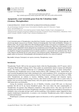 Aguapanela, a New Tarantula Genus from the Colombian Andes (Araneae, Theraphosidae)