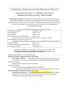 Liturgical Calendar for the Diocese of Dallas