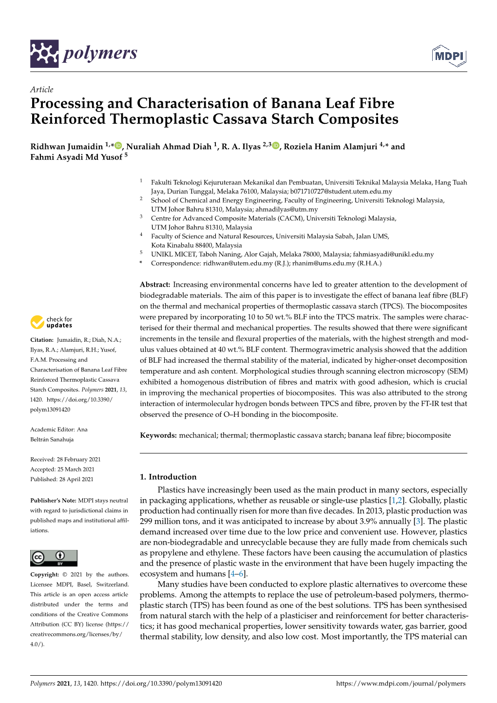 Processing and Characterisation of Banana Leaf Fibre Reinforced Thermoplastic Cassava Starch Composites