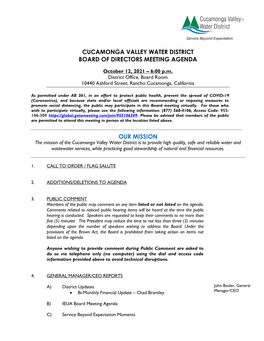 Cucamonga Valley Water District Board of Directors Meeting Agenda