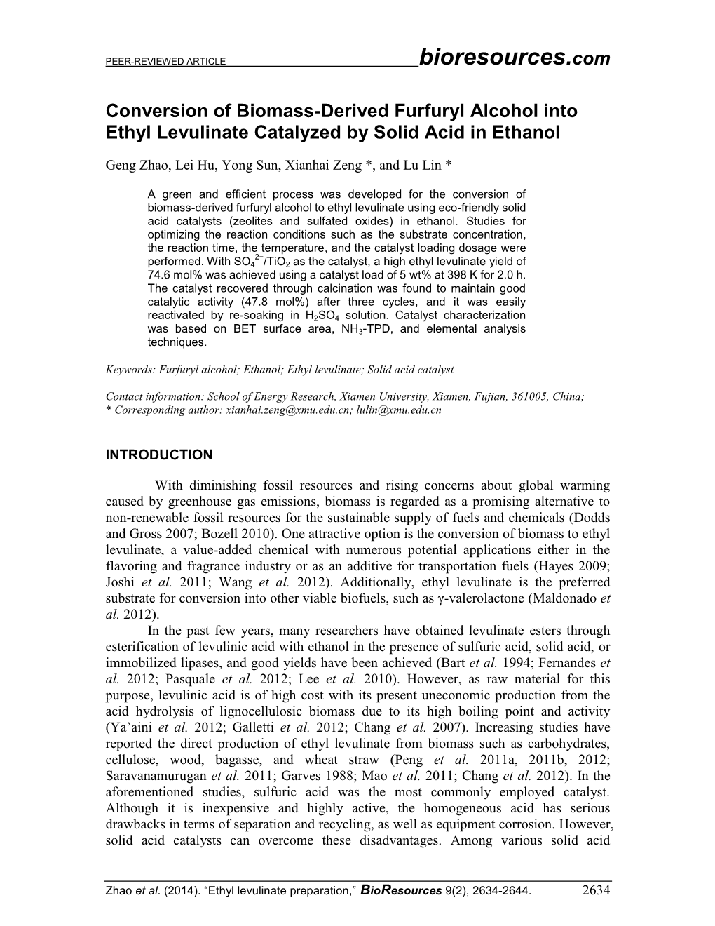 Conversion of Biomass-Derived Furfuryl Alcohol Into Ethyl Levulinate Catalyzed by Solid Acid in Ethanol