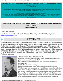 The Genius of Rudolf Stefan Weigl (1883-1957), a Lvovian Microbe Hunter and and Breeder - in Memoriam Szybalski, W