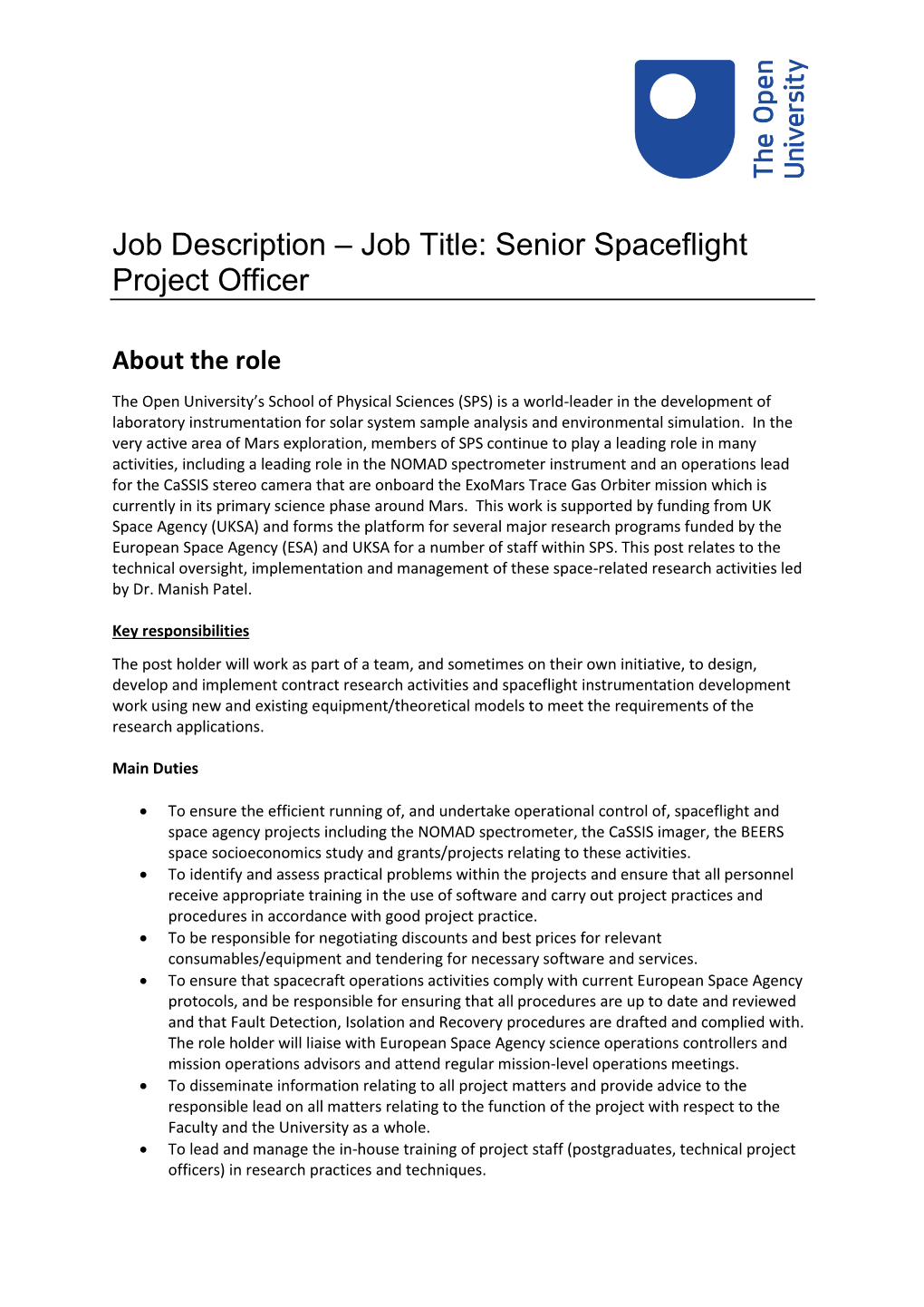 Job Title: Senior Spaceflight Project Officer