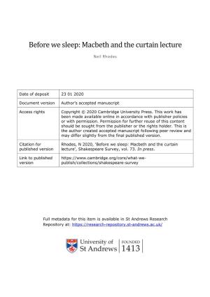 Before We Sleep: Macbeth and the Curtain Lecture