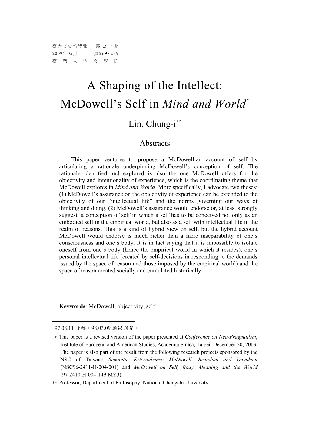 A Shaping of the Intellect: Mcdowell's Self in Mind and Worldtpf