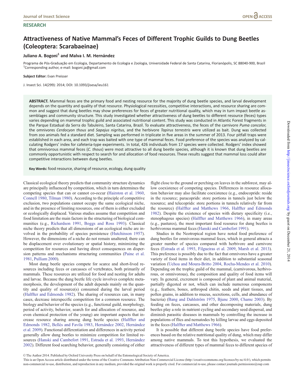 Attractiveness of Native Mammal's Feces of Different Trophic Guilds To