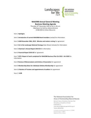 NAAONB Annual General Meeting Business Meeting Agenda Thursday 19Th November 2020 10.30-11.30 A.M