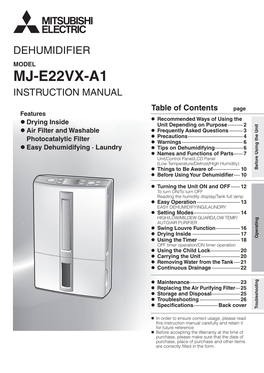 Dehumidifier Model Mj-E22vx-A1 Instruction Manual