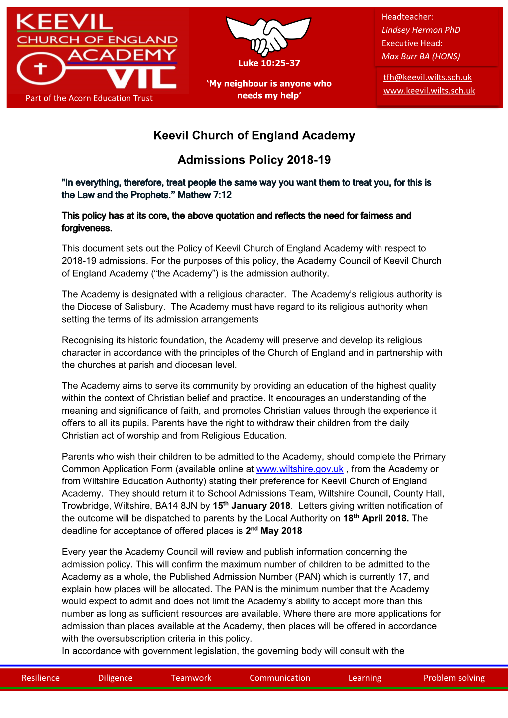 Keevil Church of England Academy Admissions Policy 2018-19