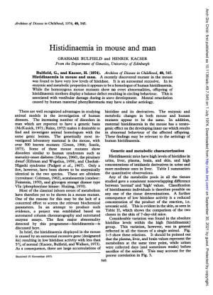 Histidinaemia in Mouse and Man