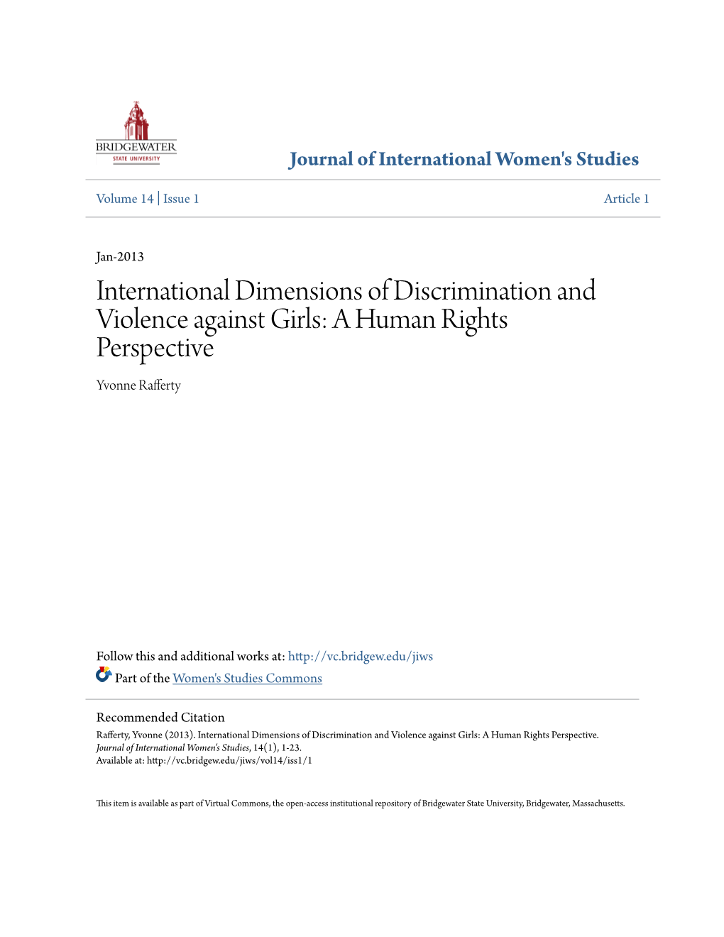 International Dimensions of Discrimination and Violence Against Girls: a Human Rights Perspective Yvonne Rafferty