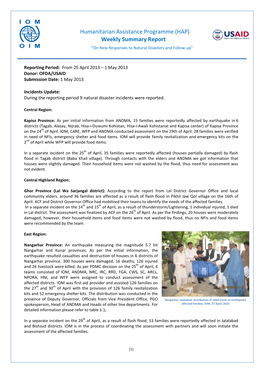 Humanitarian Assistance Programme (HAP) Weekly Summary Report