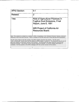 9.1 2 Role of Agricultural Practices in Fugitive Dust Emissions, Final Tte Report, June 8,1991 MRI Project of California Air Resources Board
