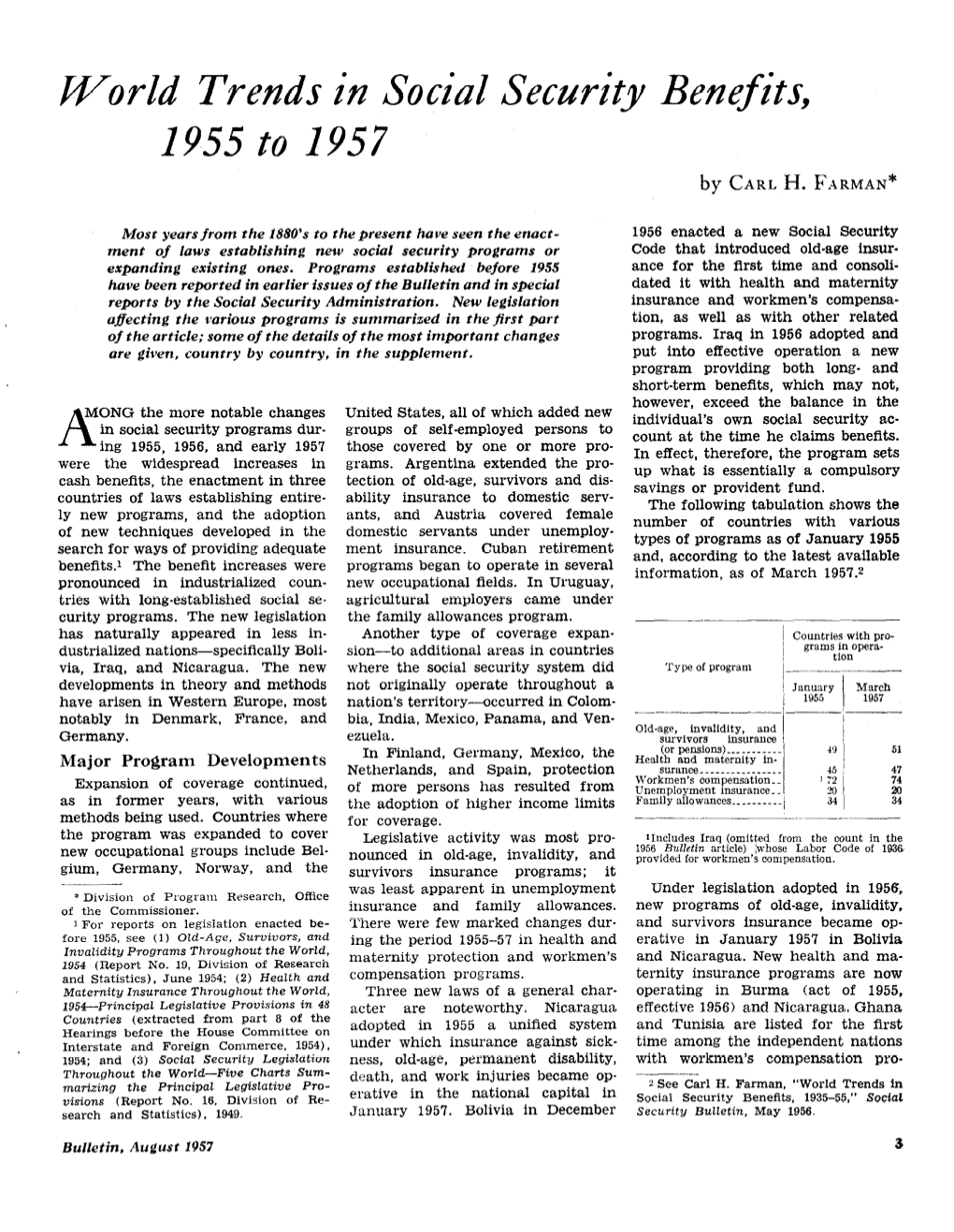 World Trends in Social Security Benefits, 1955 to 1957 by CARL H