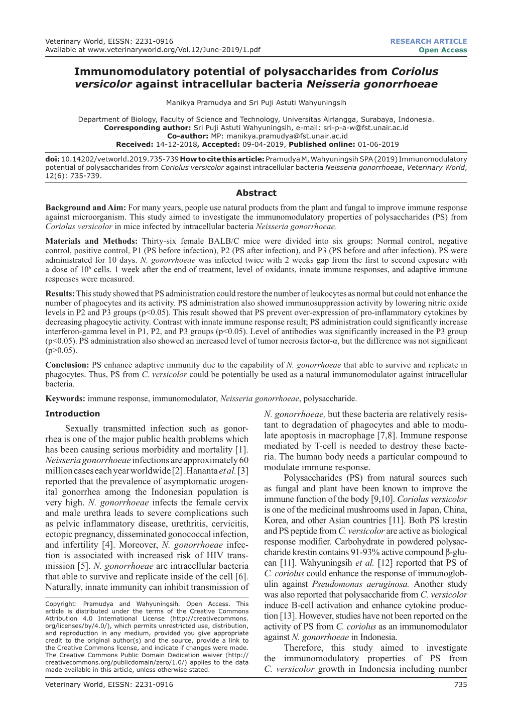 Immunomodulatory Potential of Polysaccharides from Coriolus Versicolor Against Intracellular Bacteria Neisseria Gonorrhoeae