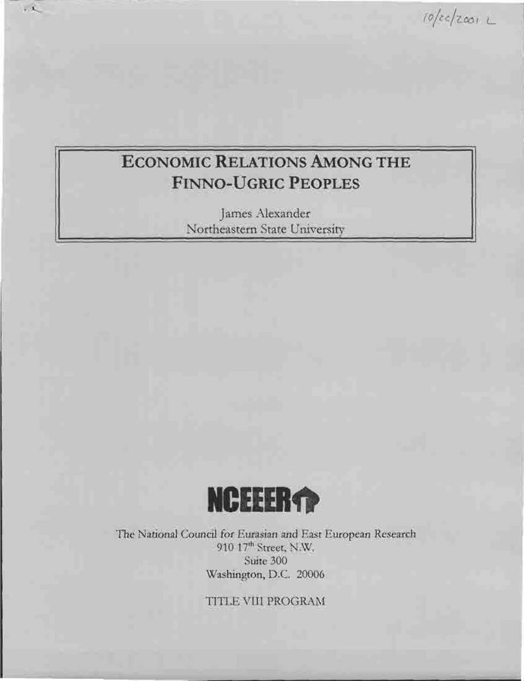 Economic Relations Among the Finno-Ugric Peoples