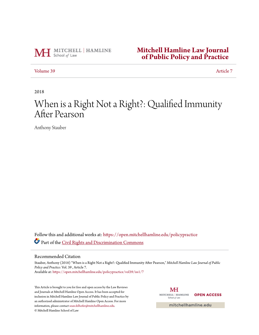 When Is a Right Not a Right?: Qualified Immunity After Pearson," Mitchell Hamline Law Journal of Public Policy and Practice: Vol