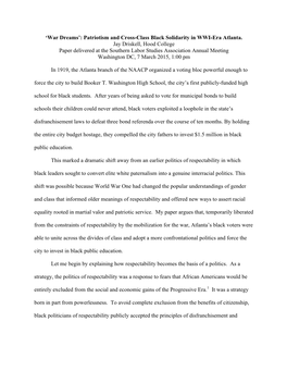 'War Dreams': Patriotism and Cross-Class Black Solidarity in WWI-Era Atlanta. Jay Driskell, Hood College Paper Delivered At