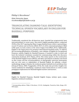Triangulating Diamond Talk: Identifying Technical Spoken Vocabulary in English for Baseball Purposes