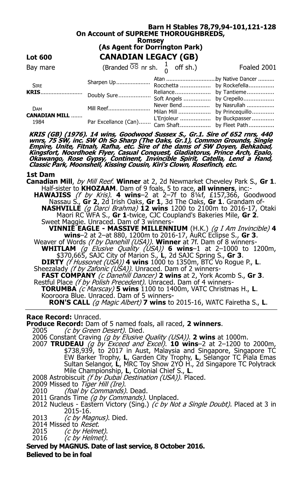 CANADIAN LEGACY (GB) 1 Bay Mare (Branded Nr Sh